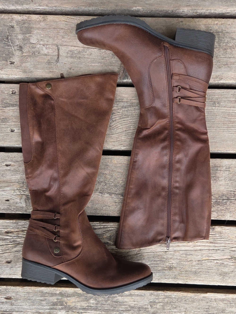NWOT Baretraps Ornella Faux Oiled Leather Strappy Knee-High Ridding Moto Boots